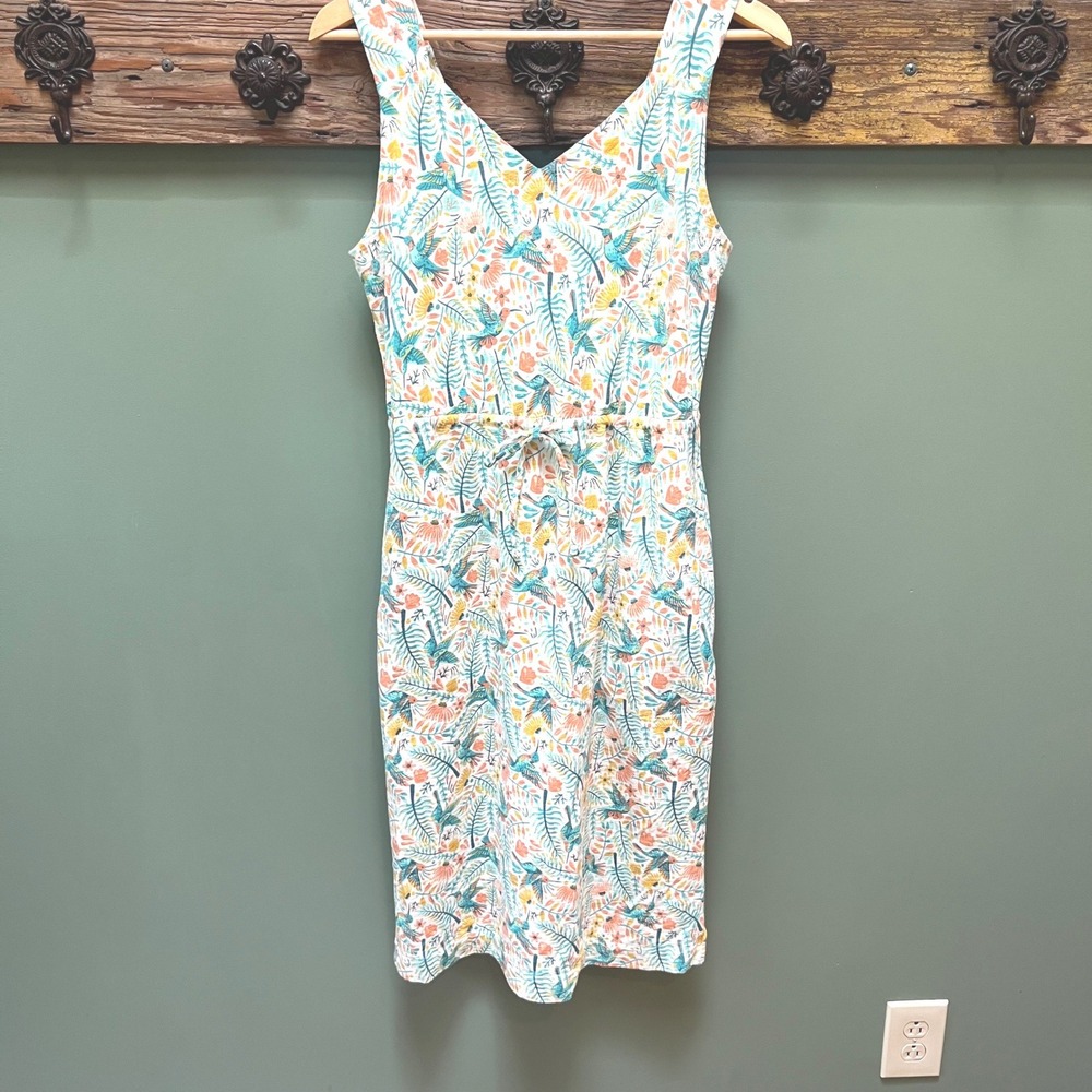 Duluth Trading Co Hummingbird Floral V-Neck Knit Dress Small White Blue Orange